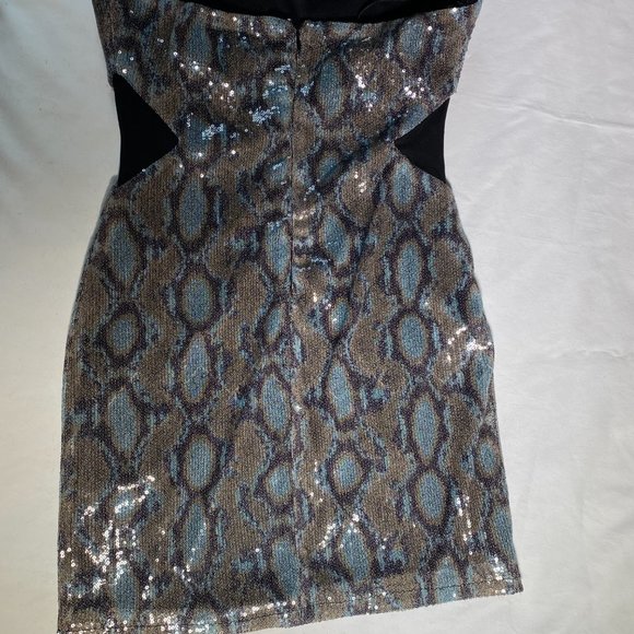 Marineblu Strapless Snake Print Blue & Brown Sequin Mini Dress with Mesh - Picture 4 of 13